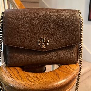 Tory Burch Kira Pebbled Leather Convertible Crossbody Bag in Brown with Gold